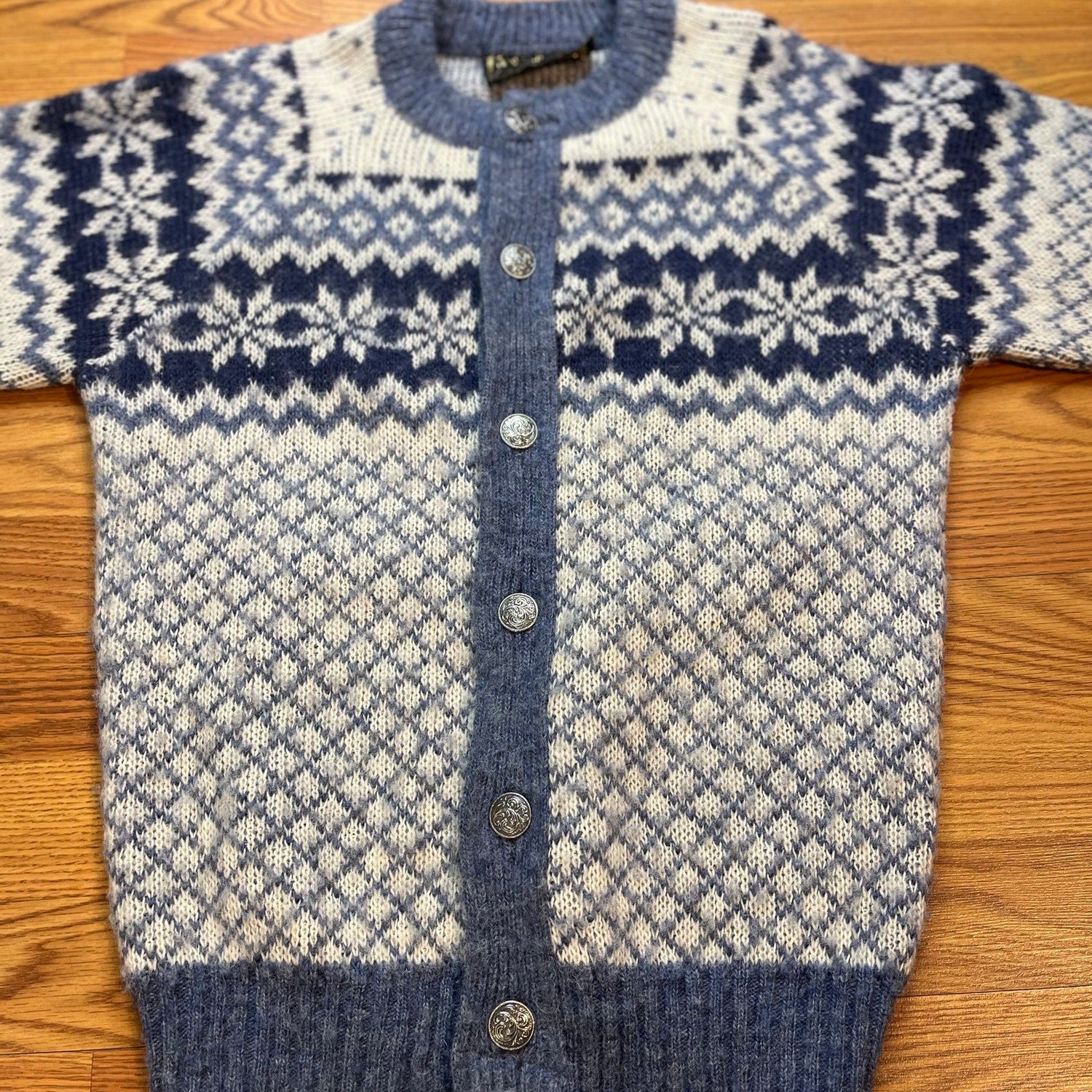 Vtg Norlaender Norway New Wool Nordic Fair Isle Snowflake Cardigan Sweater Mens M - MST GoodsNorlaender
