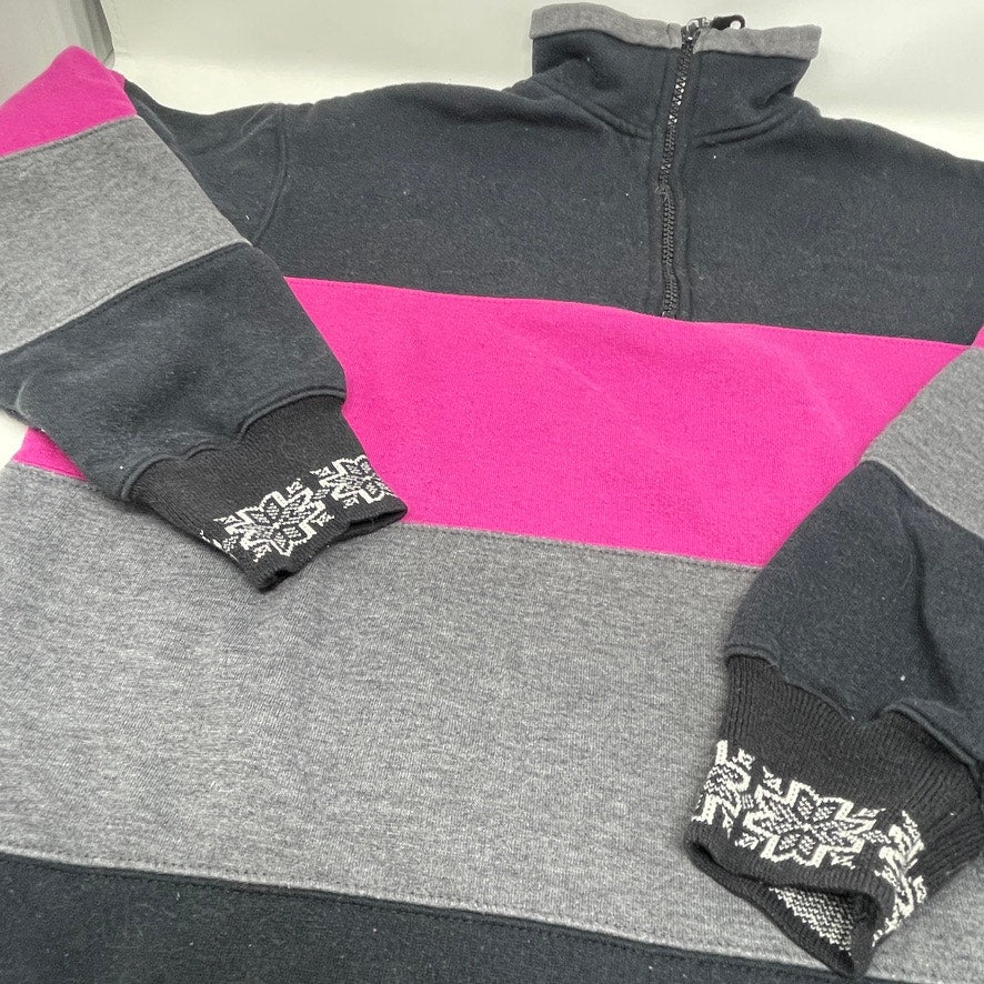 Vtg Pacer Petite Medium 1/4 zip Pullover Colorblock Snowflake Pink Black Gray - MST GoodsPacer