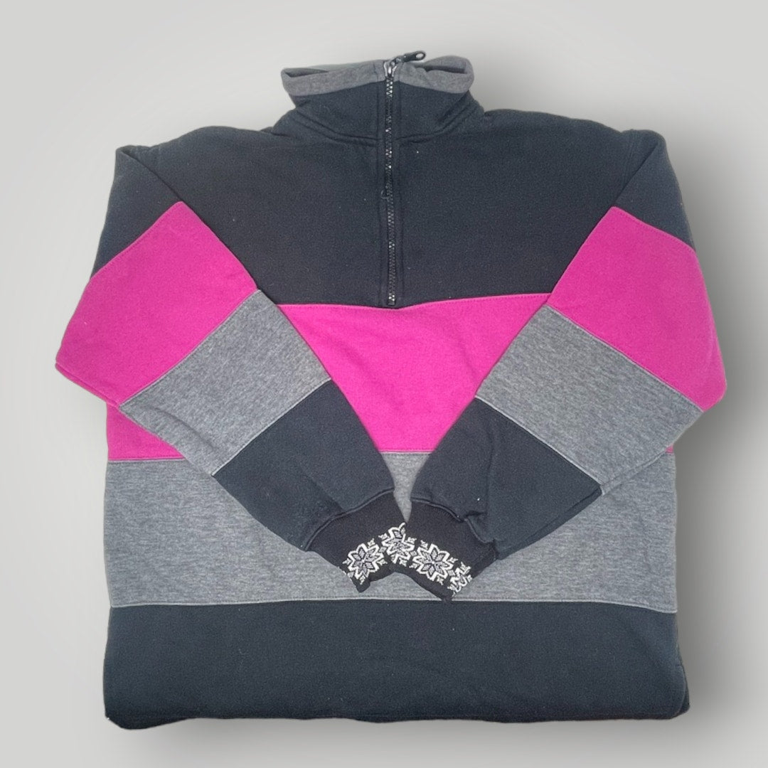 Vtg Pacer Petite Medium 1/4 zip Pullover Colorblock Snowflake Pink Black Gray - MST GoodsPacer