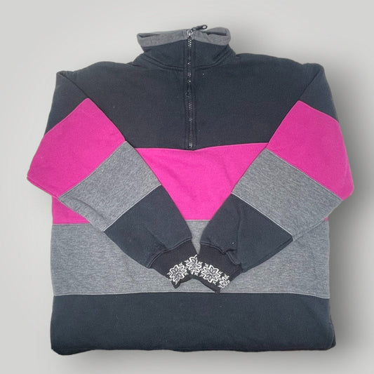Vtg Pacer Petite Medium 1/4 zip Pullover Colorblock Snowflake Pink Black Gray - MST GoodsPacer