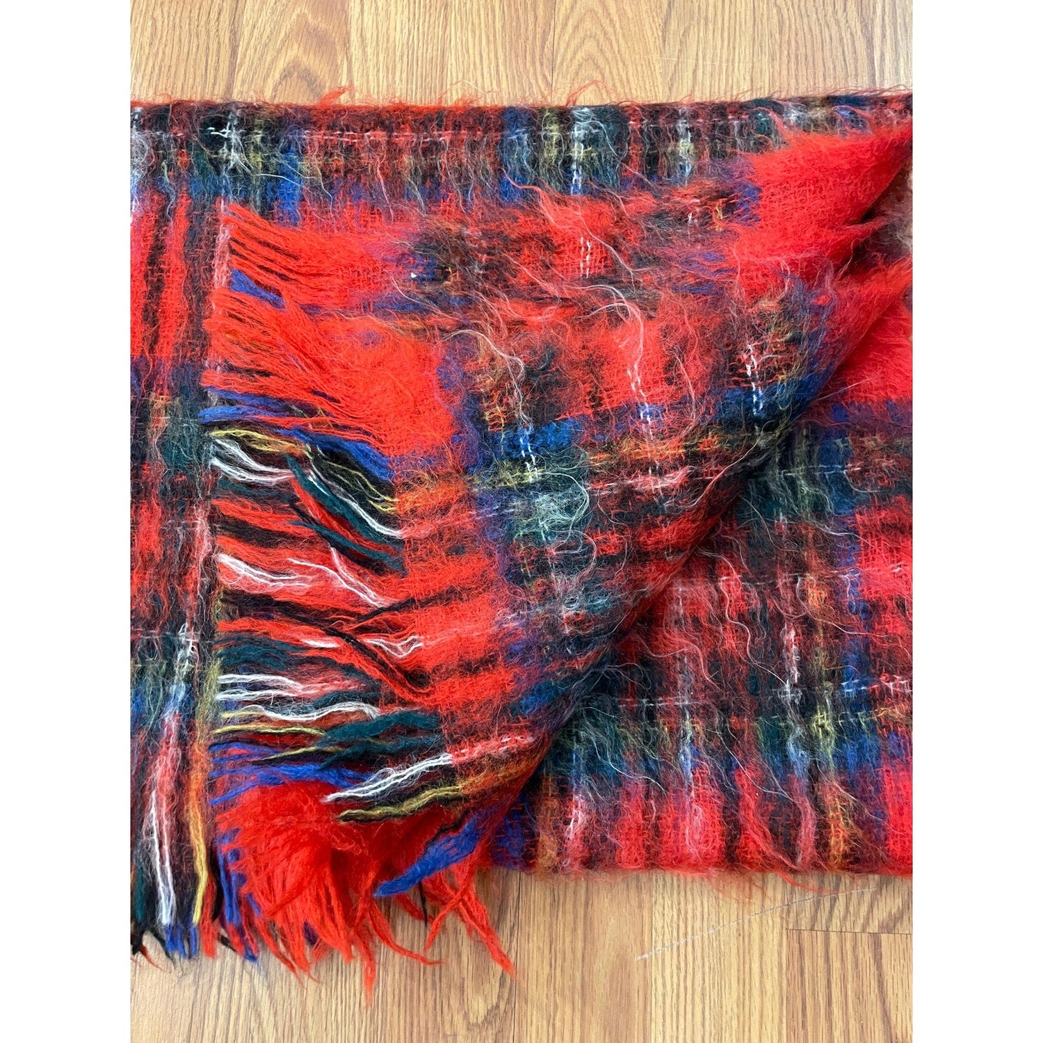 Vtg Plaid Tartan Mohair Throw Blanket 72”x49” Fringe Red Green Blue - MST GoodsUnbranded