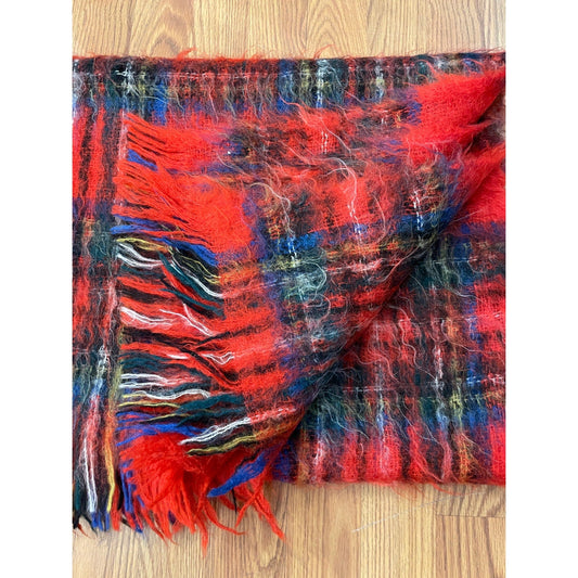 Vtg Plaid Tartan Mohair Throw Blanket 72”x49” Fringe Red Green Blue - MST GoodsUnbranded