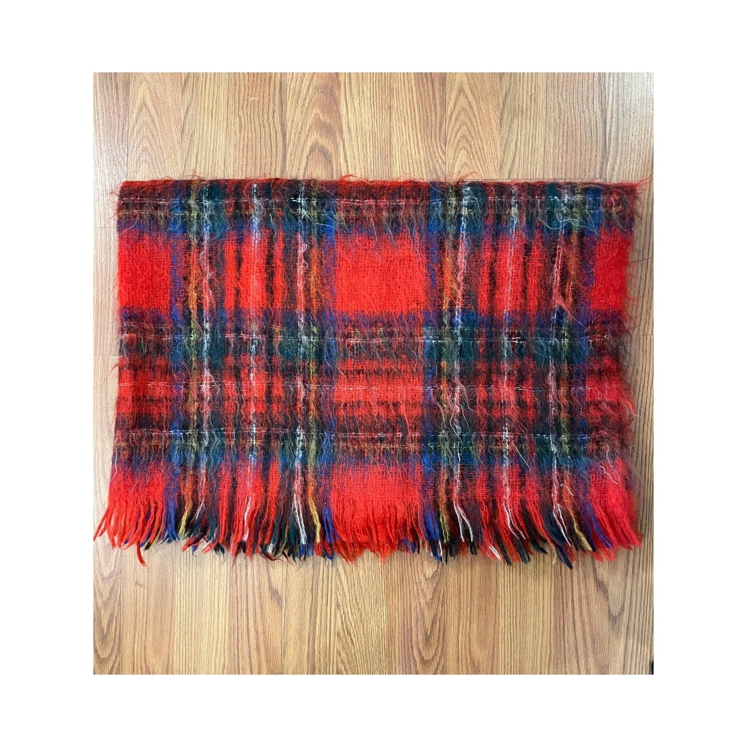 Vtg Plaid Tartan Mohair Throw Blanket 72”x49” Fringe Red Green Blue - MST GoodsUnbranded
