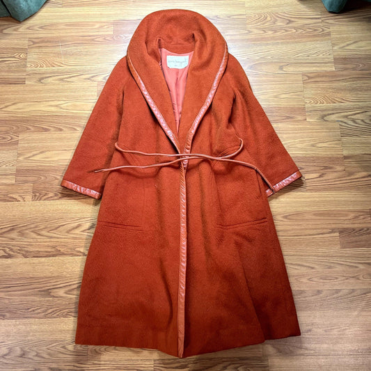 Vtg Wool Coat 1960s Bonnie Cashin x Irene Sargent Shawl Pumpkin Leather Trim - MST GoodsBonnie Cashin