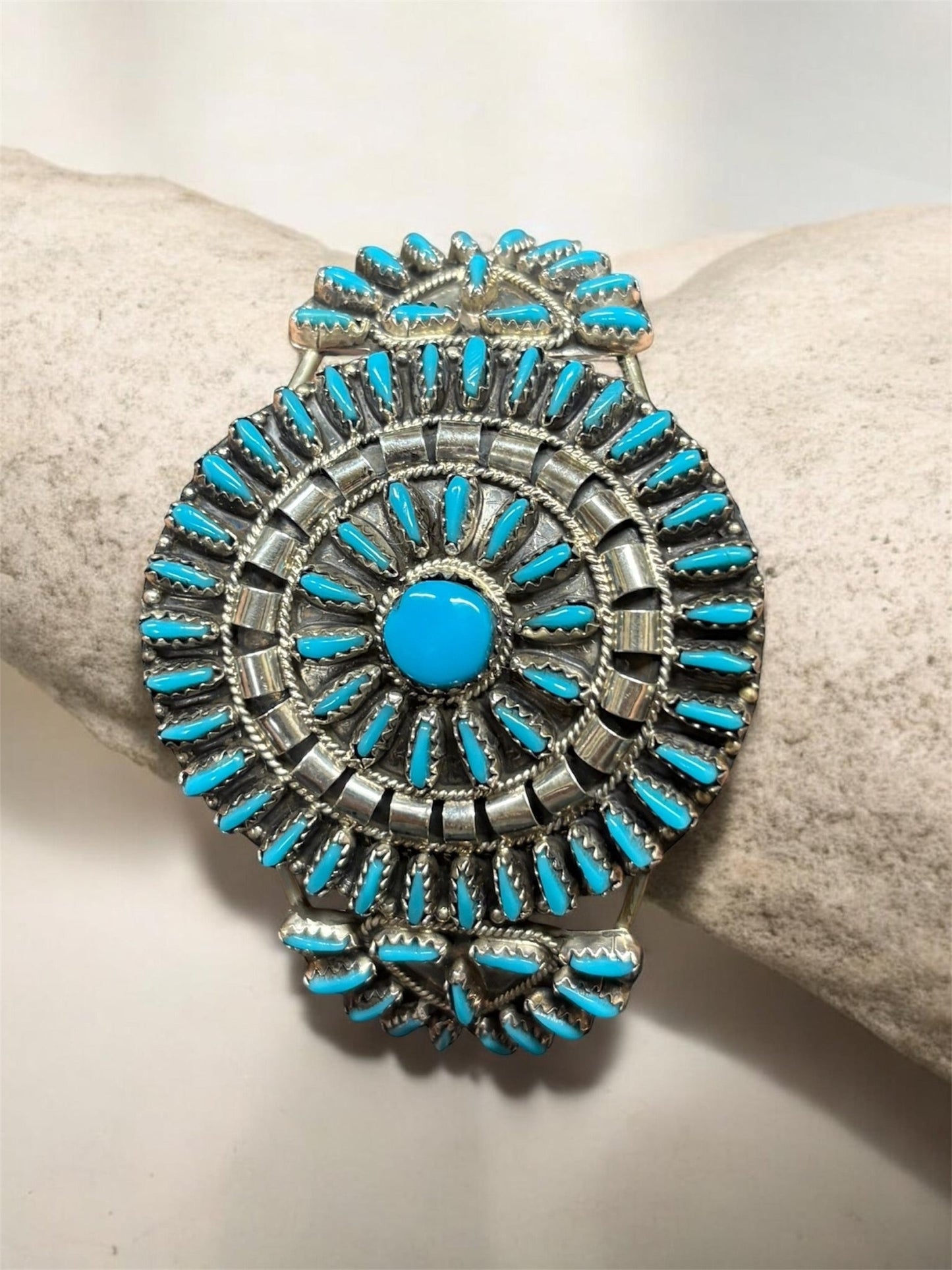 Vtg Zuni Sleeping Beauty Turquoise Sterling Cuff Bracelet Signed VJB - MST GoodsVintage