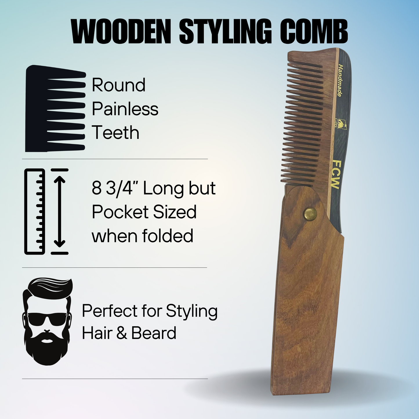 Wooden styling comb with specifications on a light blue background