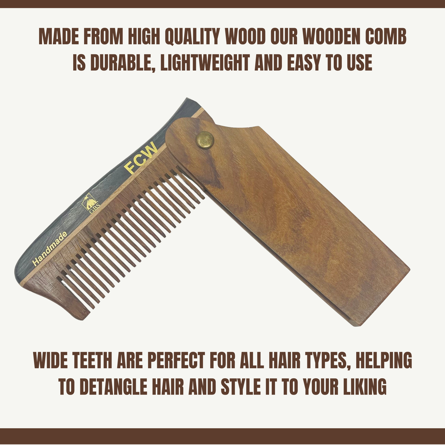 Wooden comb with text highlighting its features on a white background