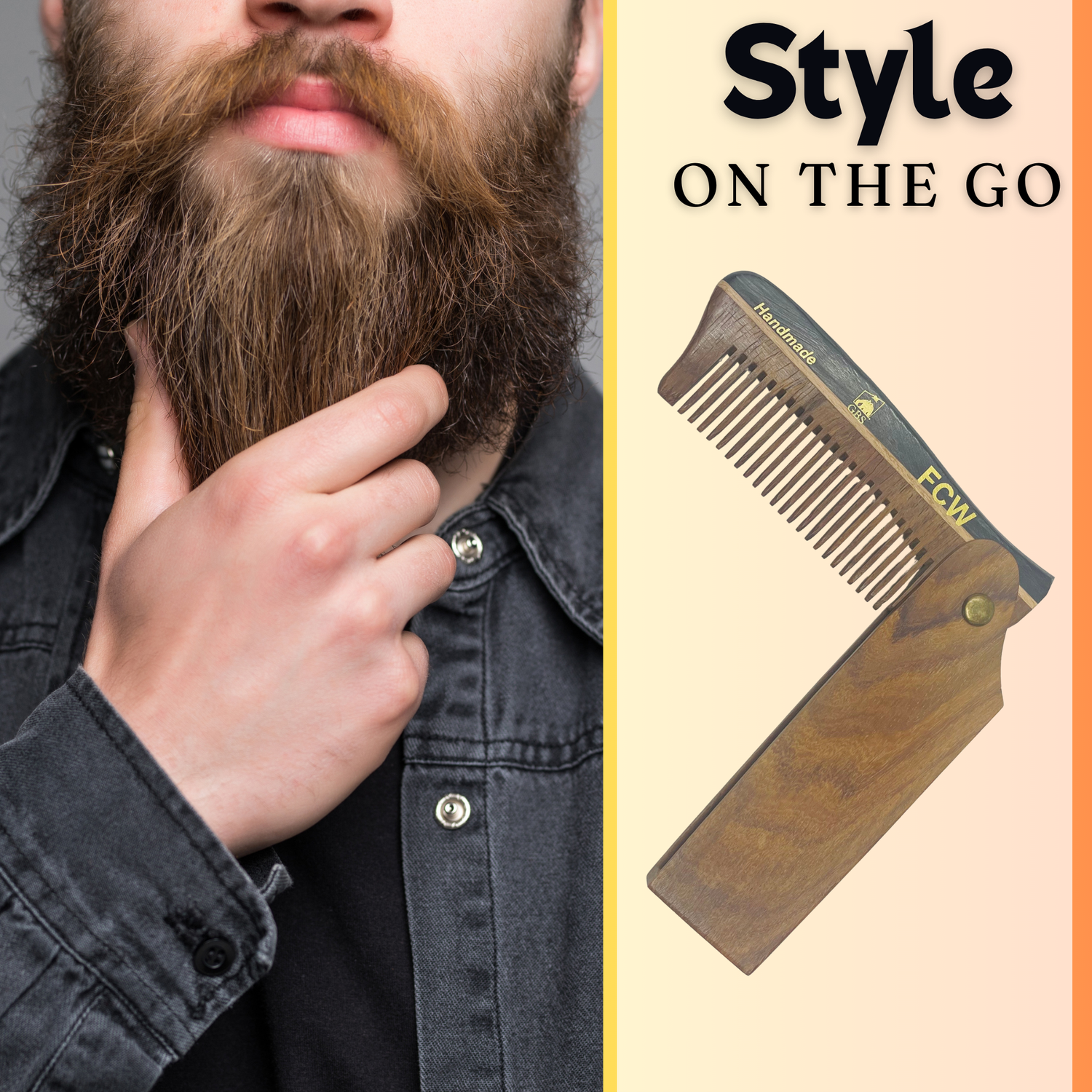 Man with a beard touching his chin next to a folding comb with 'FOM' branding on an orange background.
