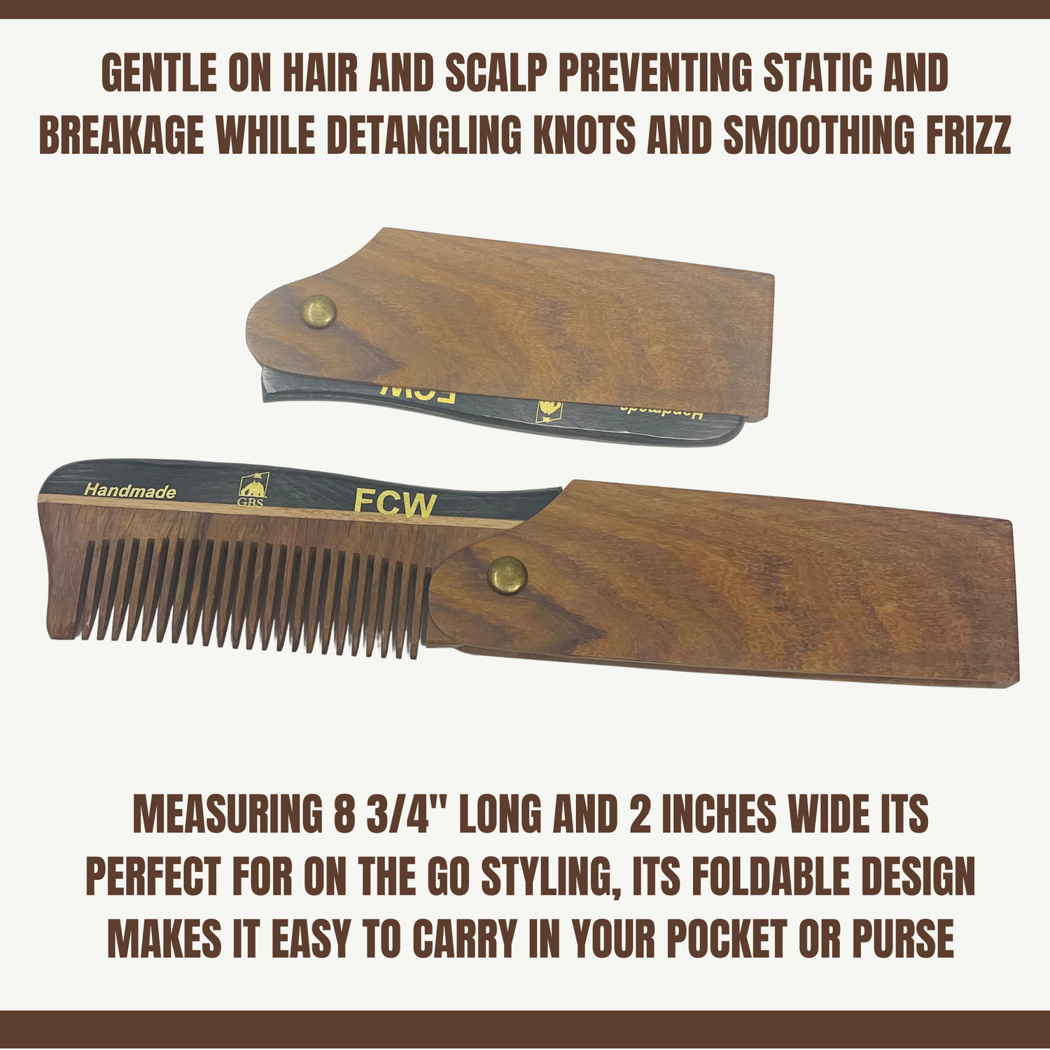 Foldable wooden comb with text describing its features on a white background