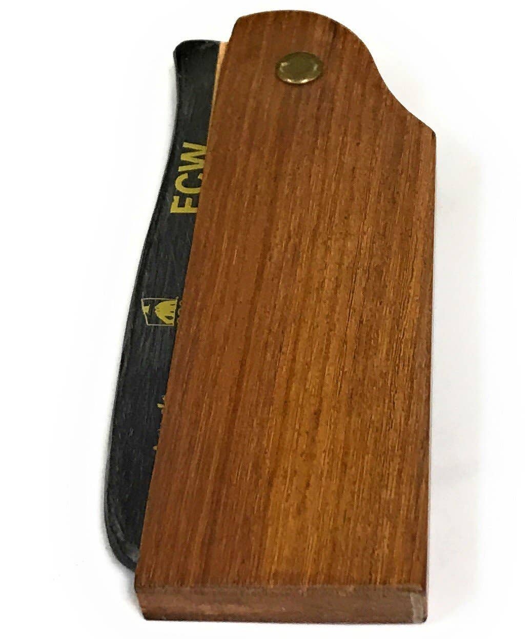 Wooden paddle with a black handle and gold logo on a white background