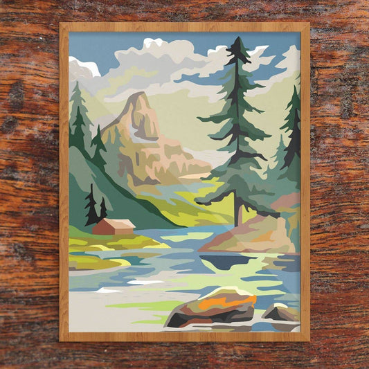 11'' x 14'' Paint By Number Style Mountain Cabin & Lake Print