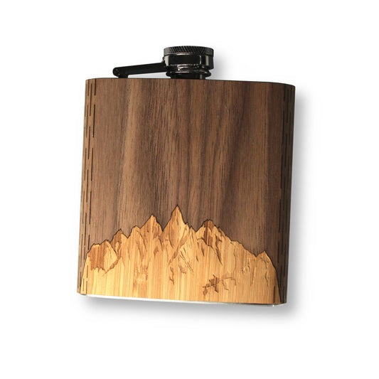 6 oz. Wooden Hip Flask Sawtooth Mountains Walnut Sky