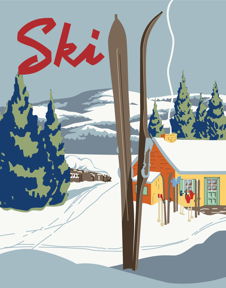 Skis in snow with cabin (ski train and warm cabin)