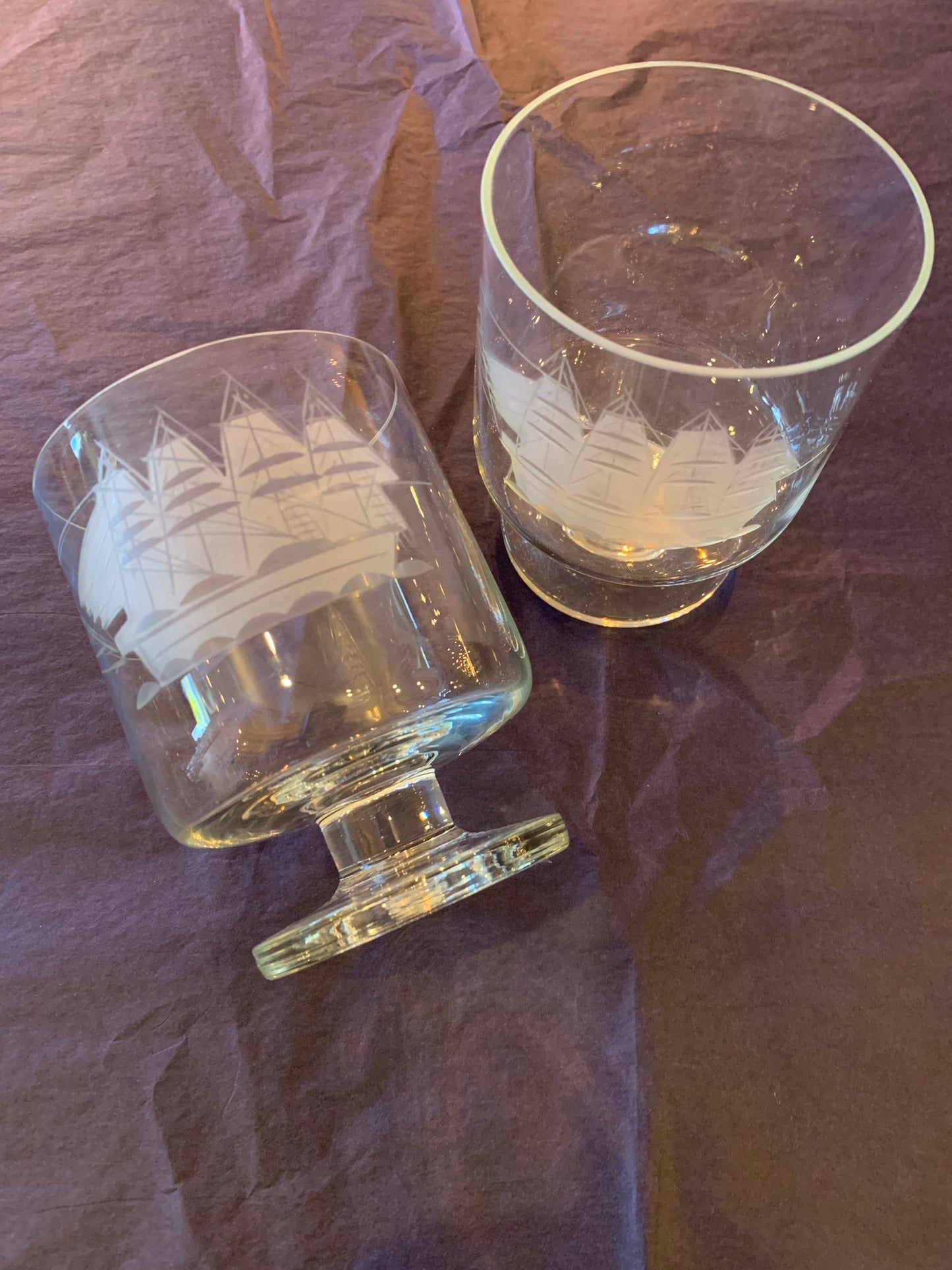 Vintage Etched Ship Snifters