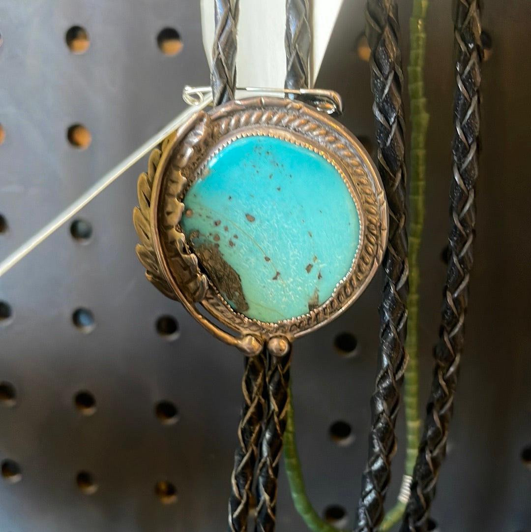Vtg Sterling Silver + turquoise leather bolo tie