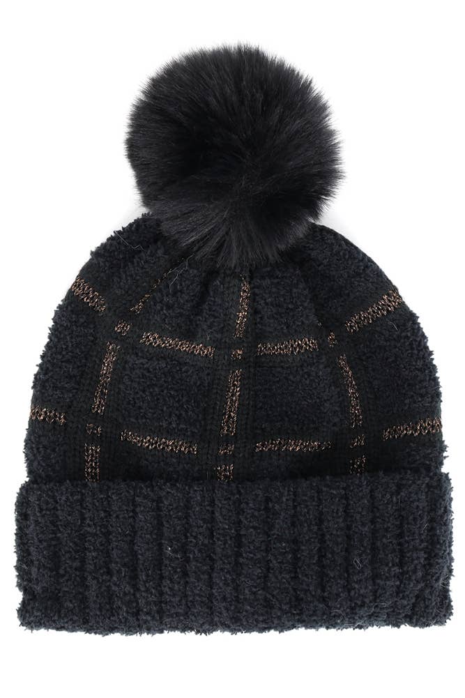 Plaid Pattern Pom Pom Beanie: Black - MST GoodsBeaniesHana