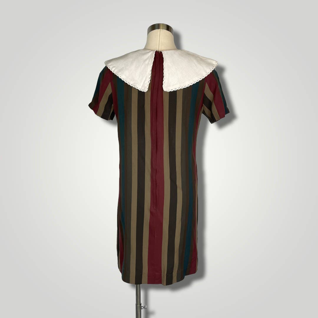 Vintage 1960s Bertha Collar Dress Striped Mini Shift Dress Dark