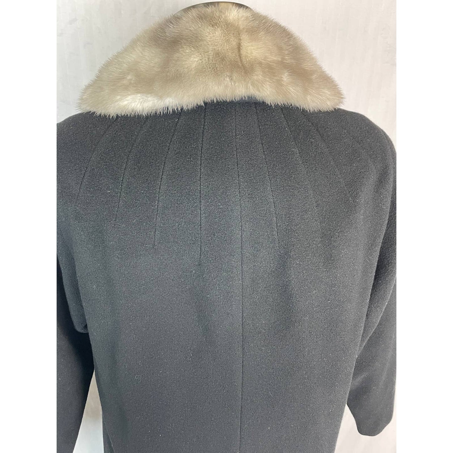 Vintage 1950s Black Cashmere Wool Coat Silver Gray Mink Fur Collar Rare Small/Med