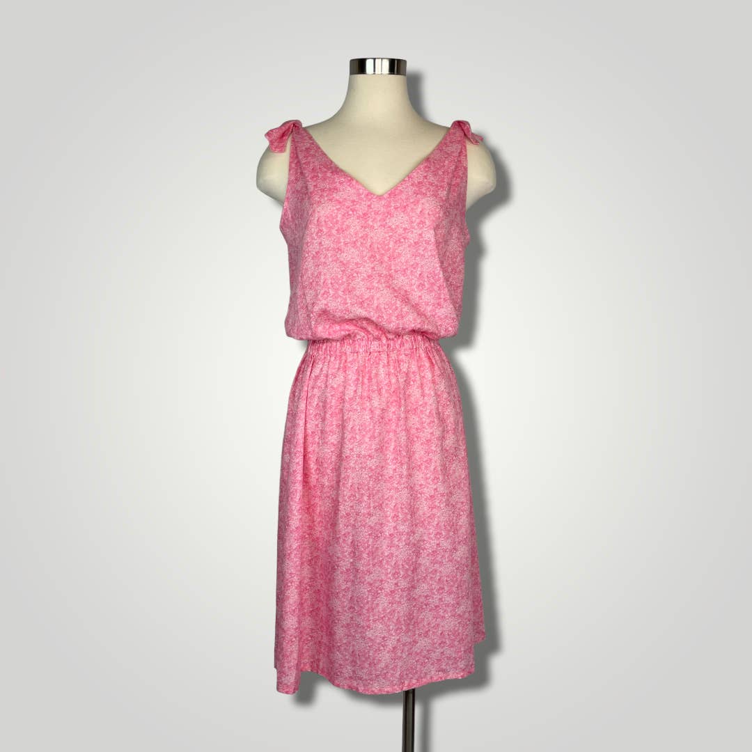 Vintage 1980s Pink Floral Sleeveless Dress Tie Floral M/L Handmade A1021