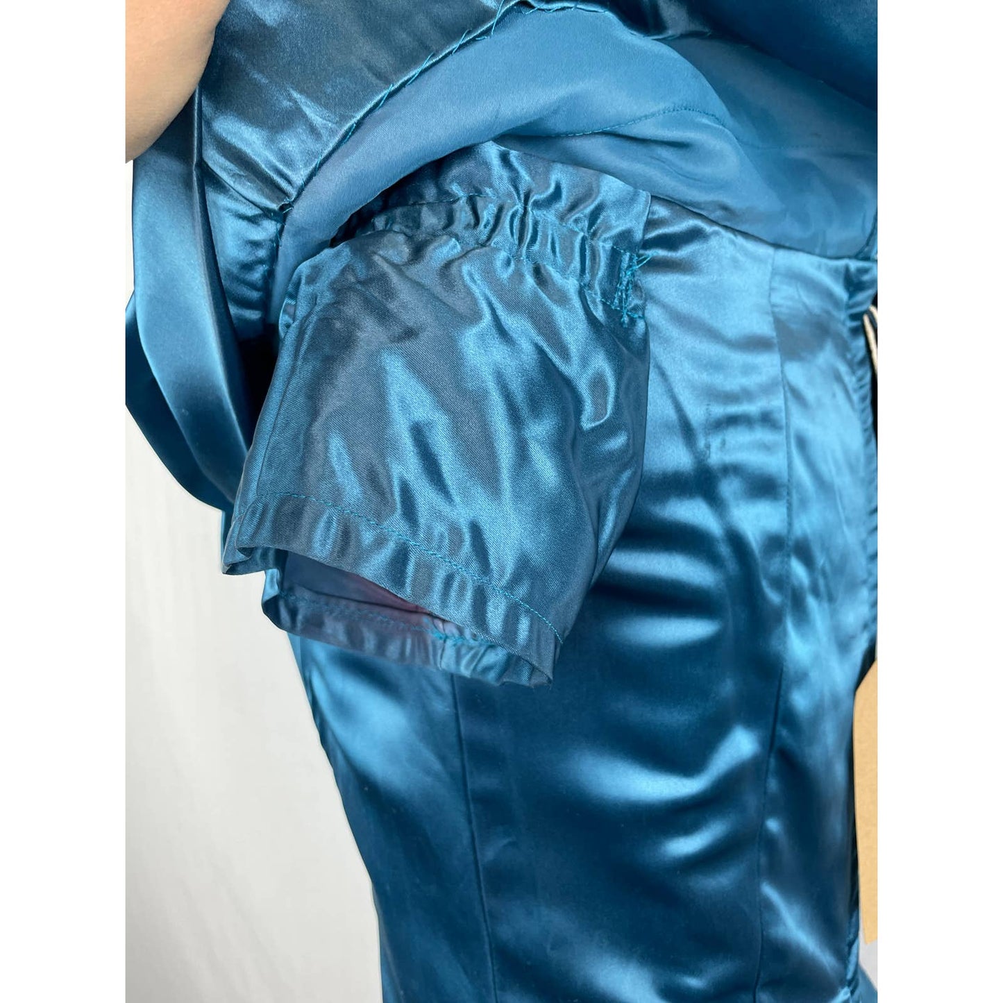 Vintage 1950s Party Dress Heavy Satin Blue Off the Shoulder Handmade Dress B112