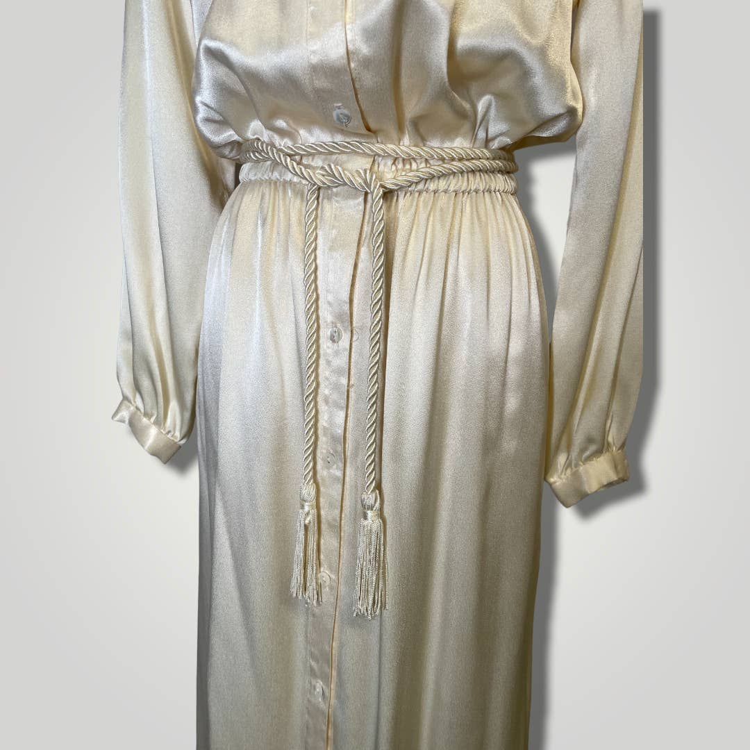 Vintage Dress Lillie Rubin Maxi Floor Length Shirt Ivory Button Long Slv  b139