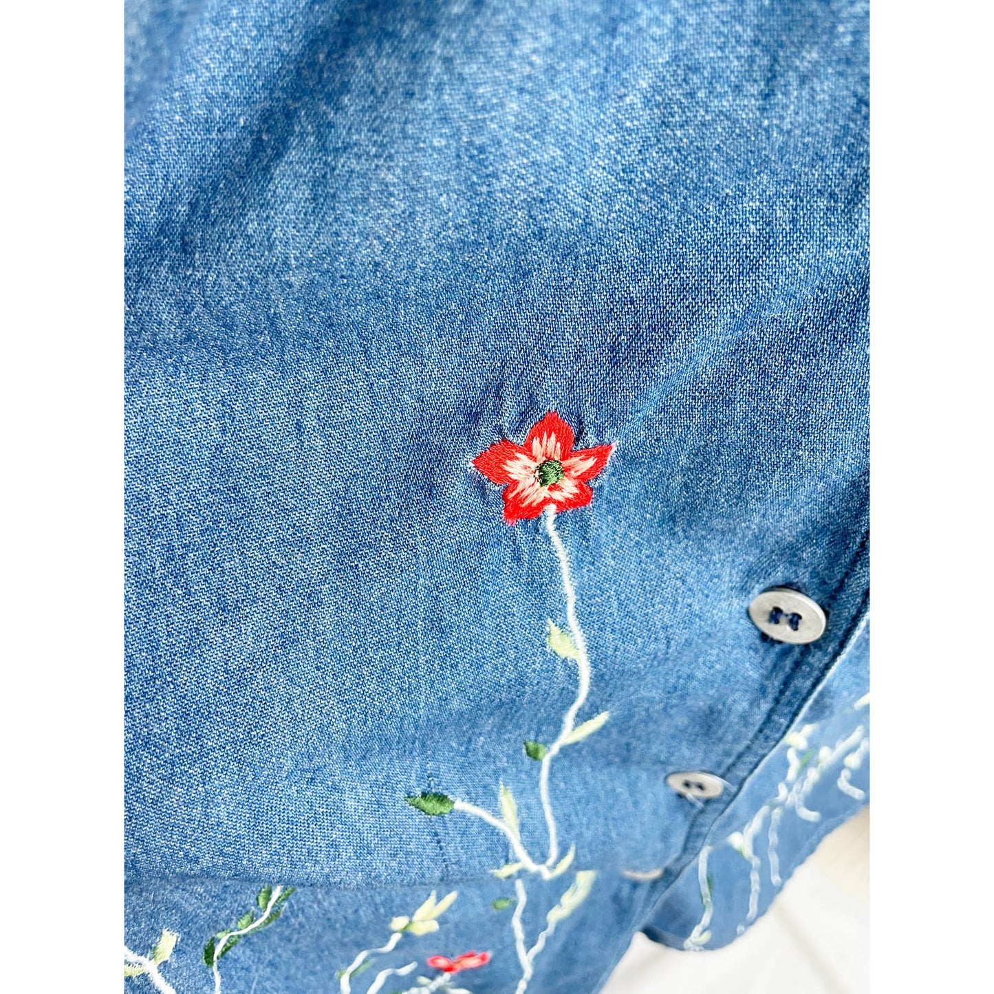 Vintage 1990s Denim Shirt Dress Embroidered Floral Button Front Womens XL A1003