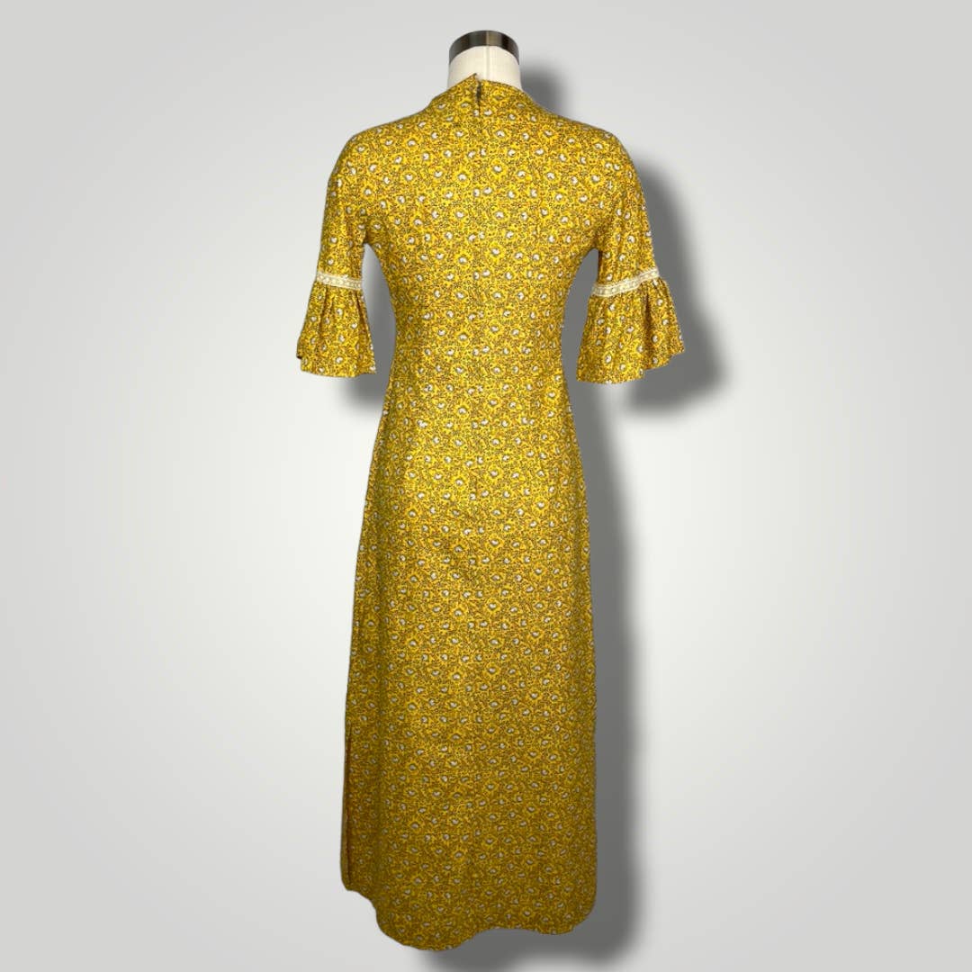 Vintage Dress 1960s Frill Sleeve Kaftan Gold Yellow Maxi Floral Cotton A1013