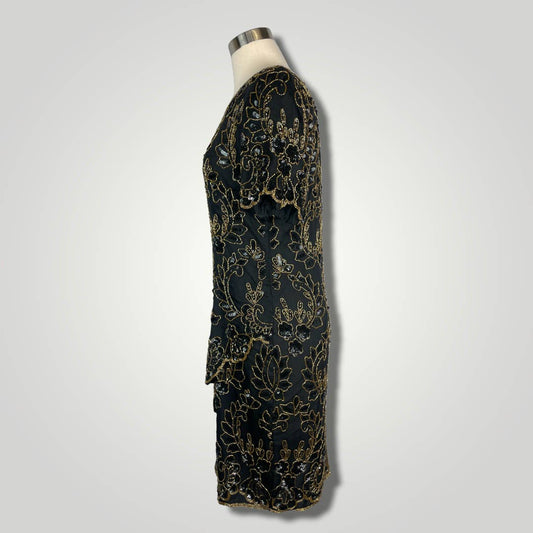 Vintage Dress 1980s St'enay Silk Beaded Dress Black Gold Short Slv Knee Med B101