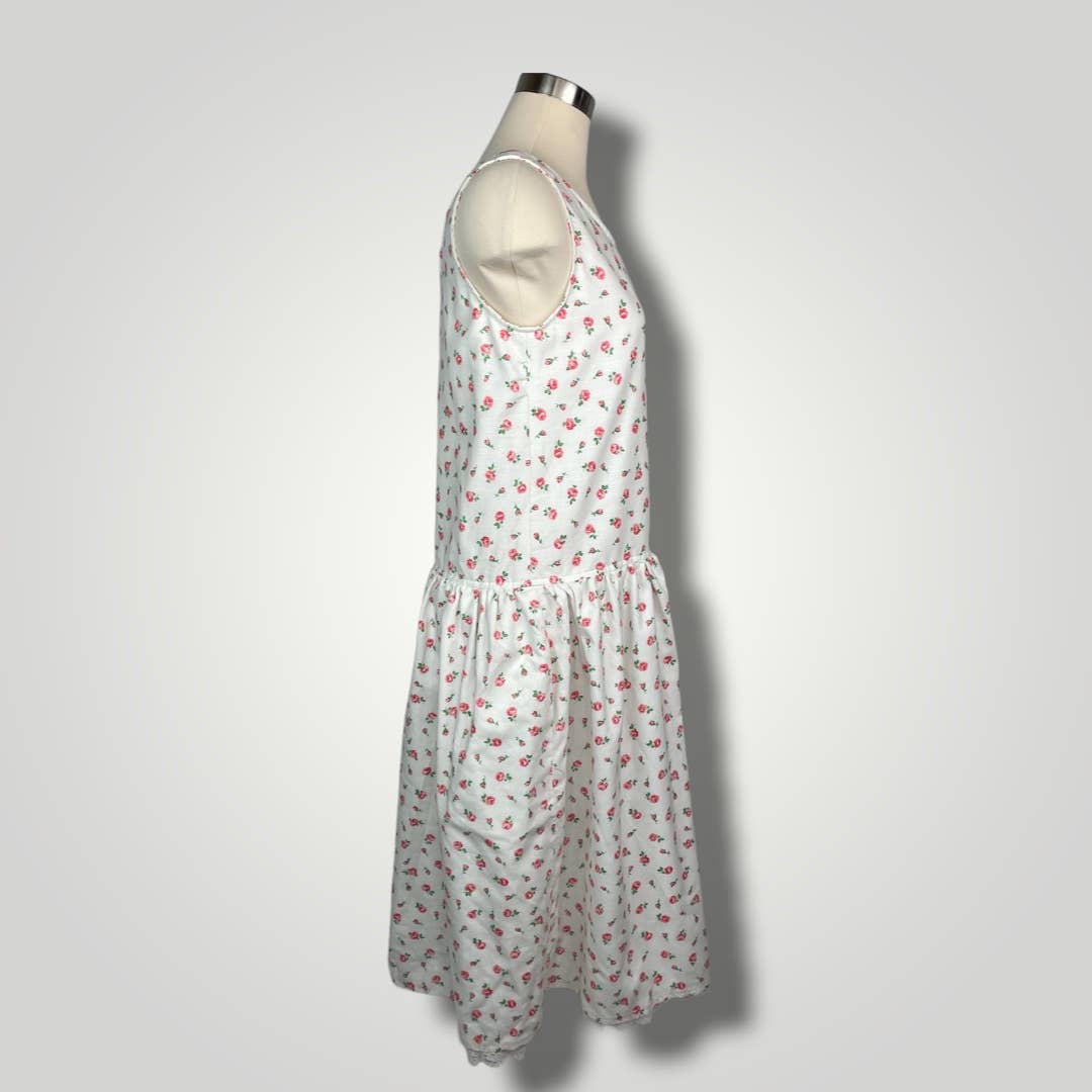 Vintage Handmade Dress Sleeveless Rosebud Pink White Lace Drop Waist A1016