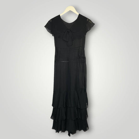 Antique 1920s Dress Sheer Ruffled Sailor Collar Black Overlay Small Fishtail