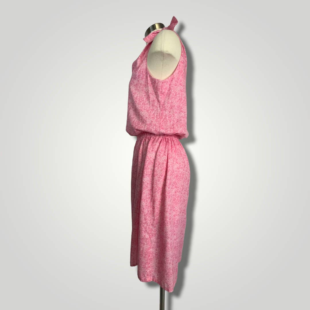 Vintage 1980s Pink Floral Sleeveless Dress Tie Floral M/L Handmade A1021