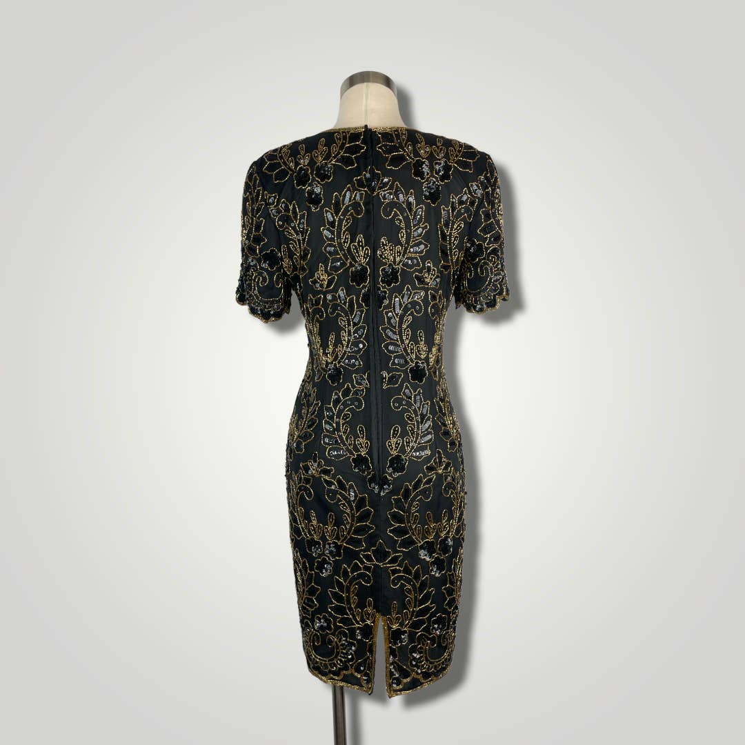 Vintage Dress 1980s St'enay Silk Beaded Dress Black Gold Short Slv Knee Med B101