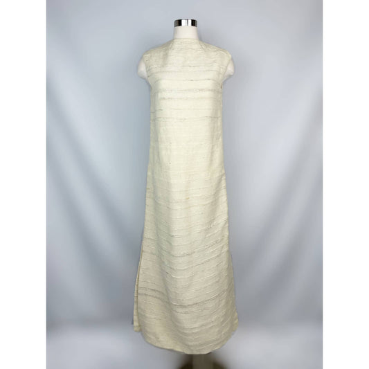 Vintage 1960s Handmade Hand Sewn Maxi Dress Wool High Neck Slit Textured Medium a1000