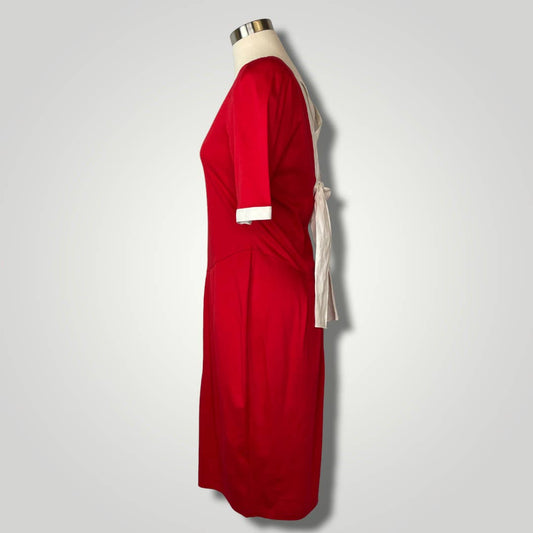 Vintage 1980s Red White Criss Cross Back Dress Short Sleeve Knee Length Med