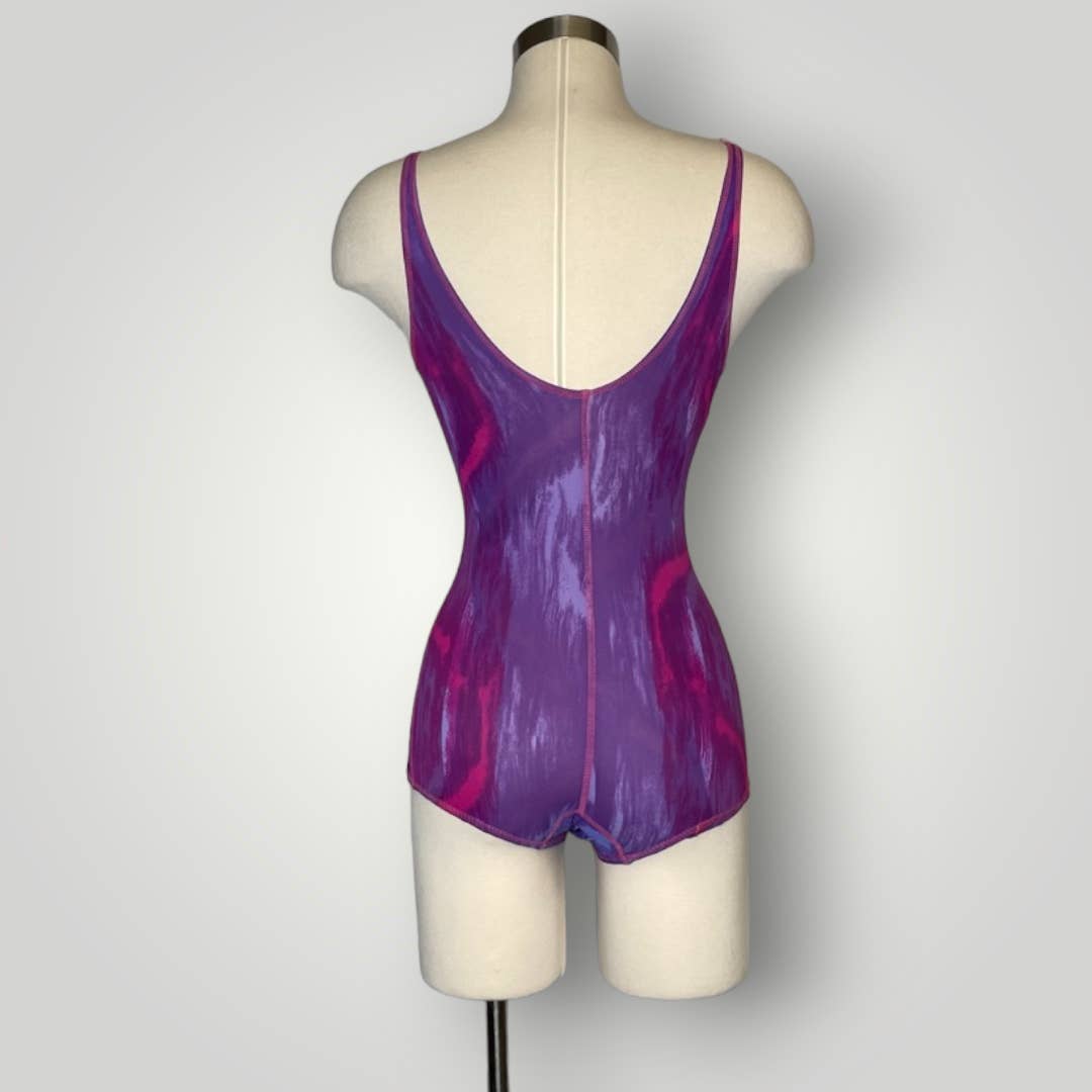 Vintage 1960s Swimsuit Speedo Front Skirt Small 34 Purple Pink Low Cut F Swimwear