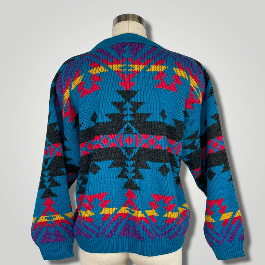 Vintage 1990s Multicolor Southwestern Pattern Sweater Blue Oversized TJC110