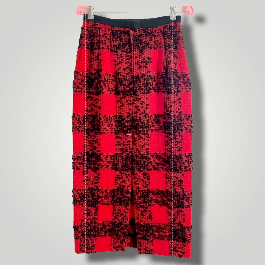 Vintage Handmade 1960s Wool Skirt Red Black Buffalo Check Textured Maxi Pencil