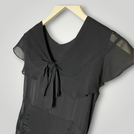 Antique 1920s Dress Sheer Ruffled Sailor Collar Black Overlay Small Fishtail