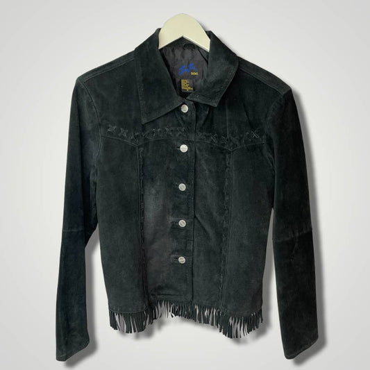 Vintage Suede Jacket Black Fringe Braid Snap Short Medium Jou jou Skins