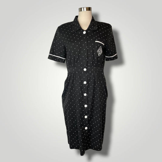 Vintage 1980s does 1940s Shirt Dress Black White Polka Dot IFI Medium Knee b1023