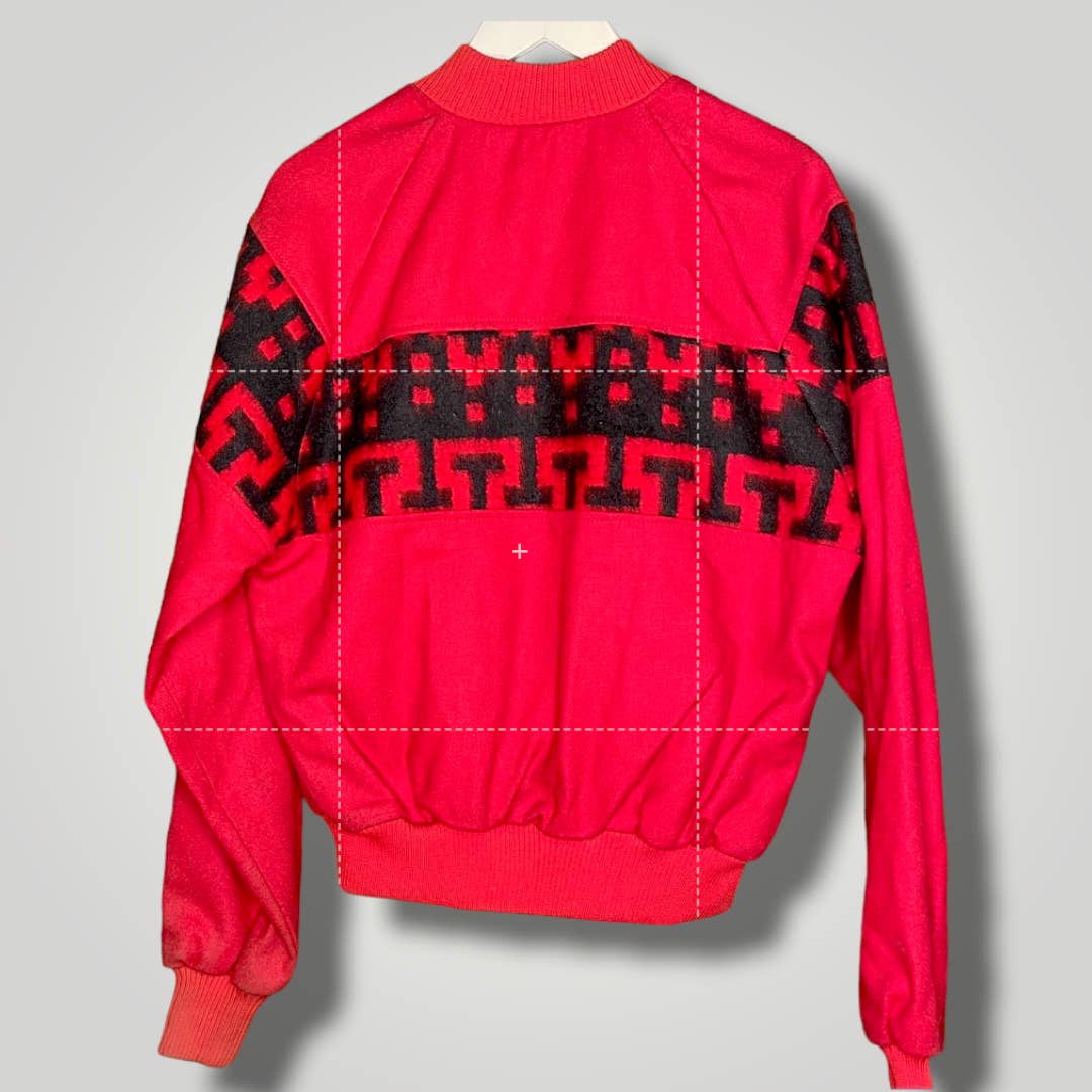 Vtg Saddlesmith Outfitters Wool Raglan Sleeve Jacket Red Black Pattern XL
