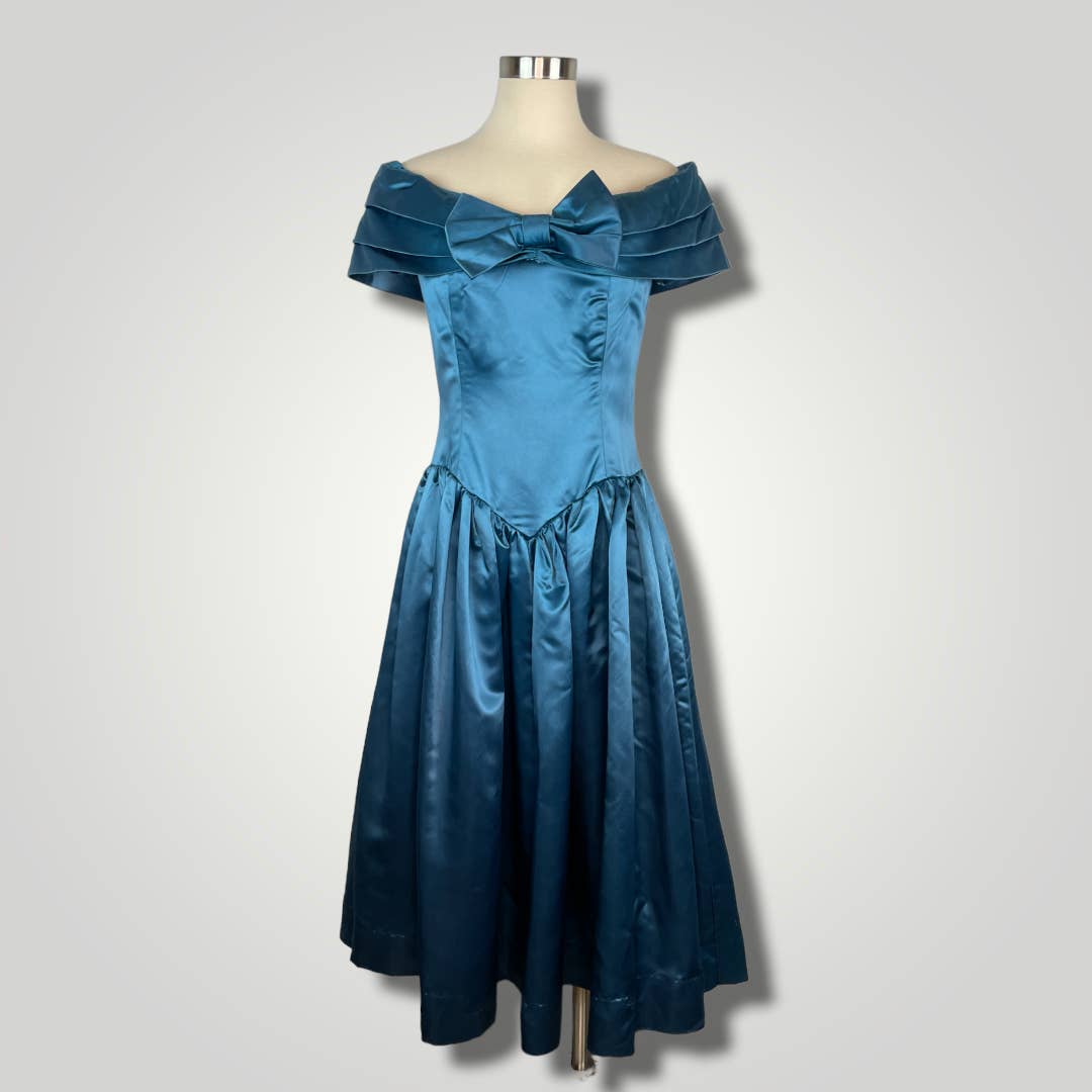 Vintage 1950s Party Dress Heavy Satin Blue Off the Shoulder Handmade Dress B112