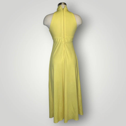 Vintage 1970s Yellow Maxi Halter Style High Neck Sleeveless Sun Small Dress F