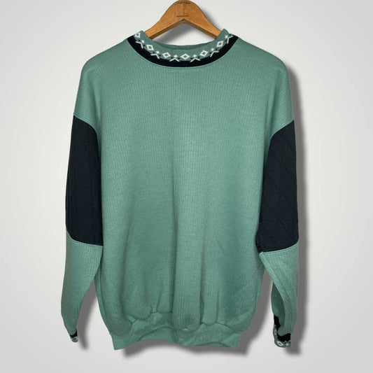 Vintage 1990s Color Block Green Black Pullover Sweatshirt Top Nordic Apres b128
