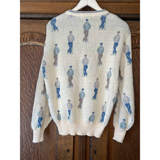 Vintage Isle Of Cotton Golfers Sweater Light Yellow Blue Small 1990s