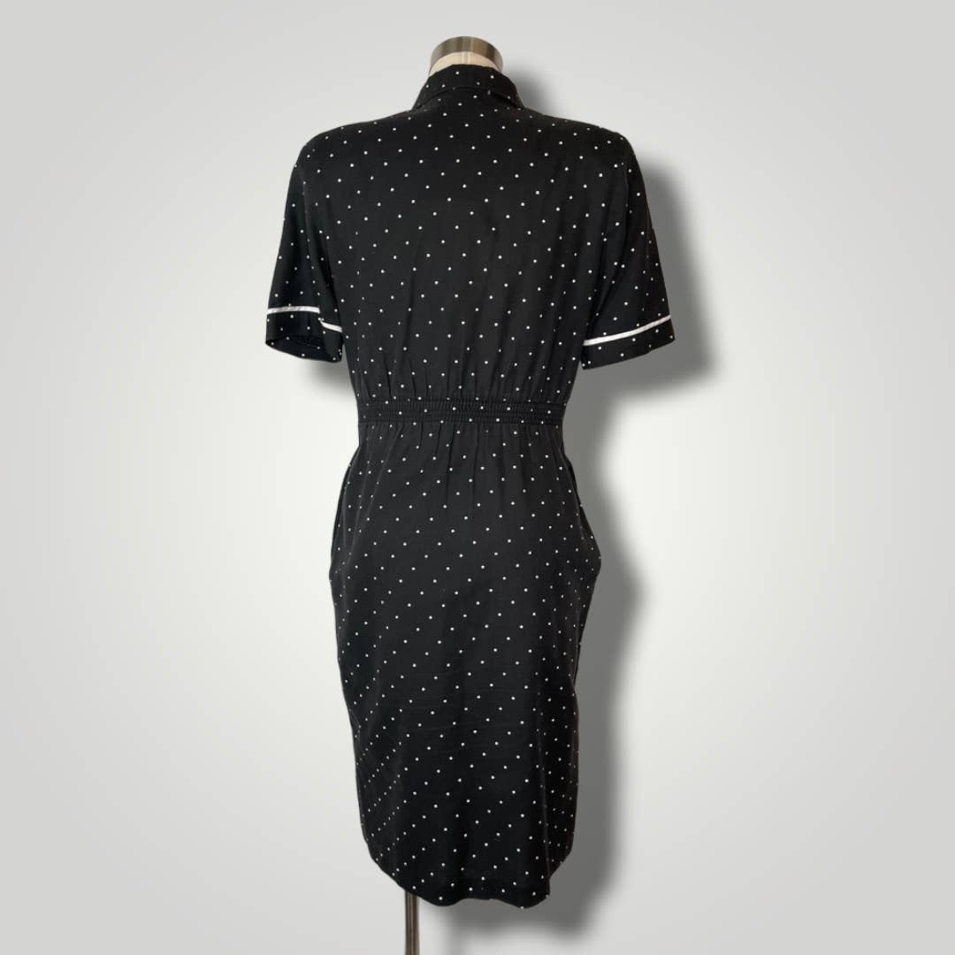 Vintage 1980s does 1940s Shirt Dress Black White Polka Dot IFI Medium Knee b1023