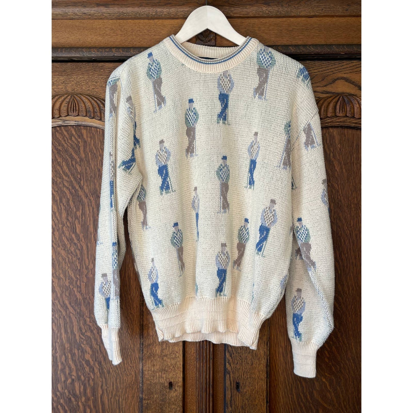 Vintage Isle Of Cotton Golfers Sweater Light Yellow Blue Small 1990s
