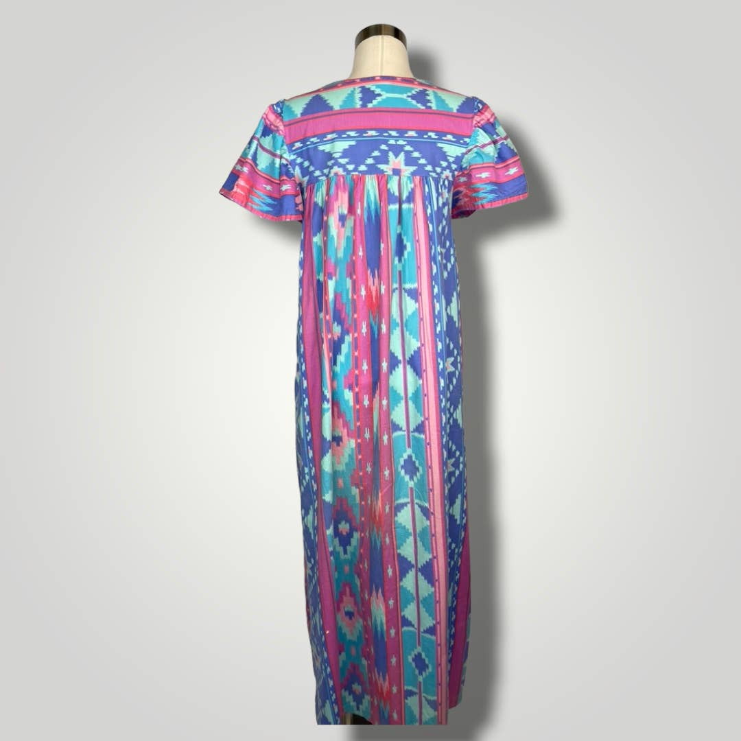 Vintage Dress Housedress Mumu Shift Southwestern Maxi Pink Blue Loose A1014