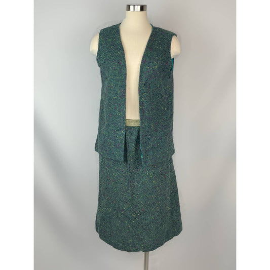 Vintage 1960s Handmade Wool Suit Green Pink Speckles Vest M/L