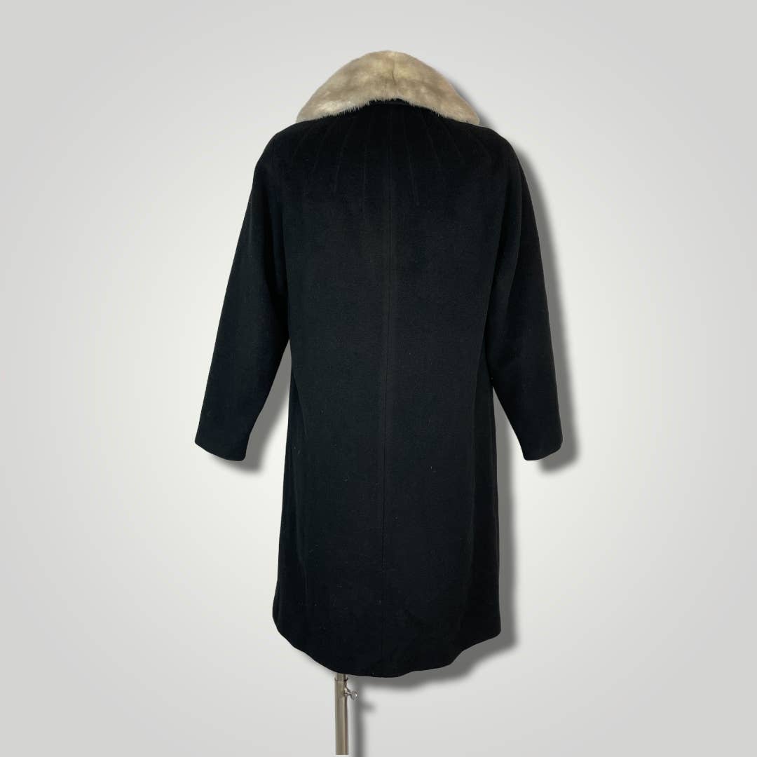 Vintage 1950s Black Cashmere Wool Coat Silver Gray Mink Fur Collar Rare Small/Med